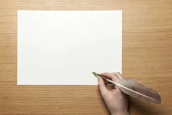 woman hand hold a feather quill pen with paper on the wood table.