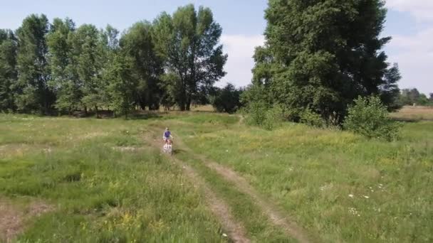 Belle jeune femme faisant du vélo dans le champ vert vers la caméra. — Video