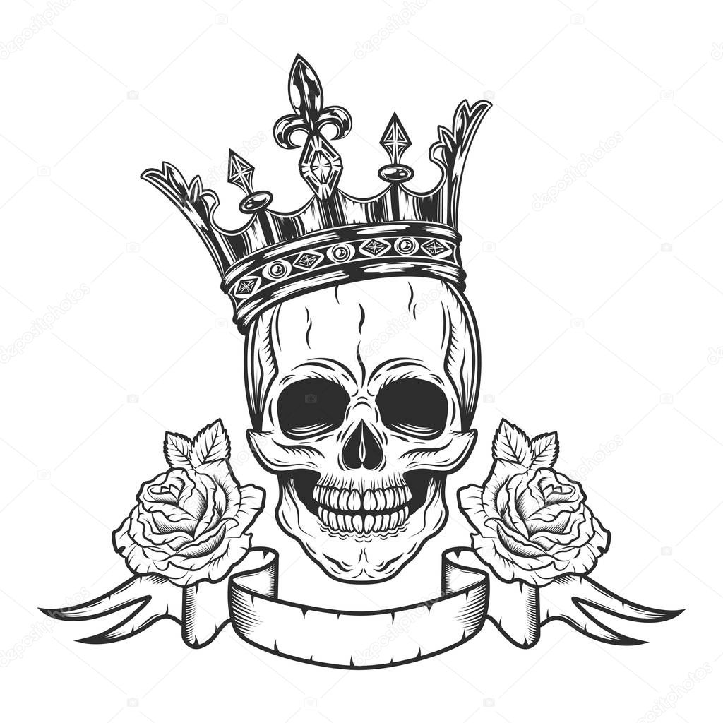 Vintage prince skull in crown with rose and ribbon monochrome isolated vector illustration