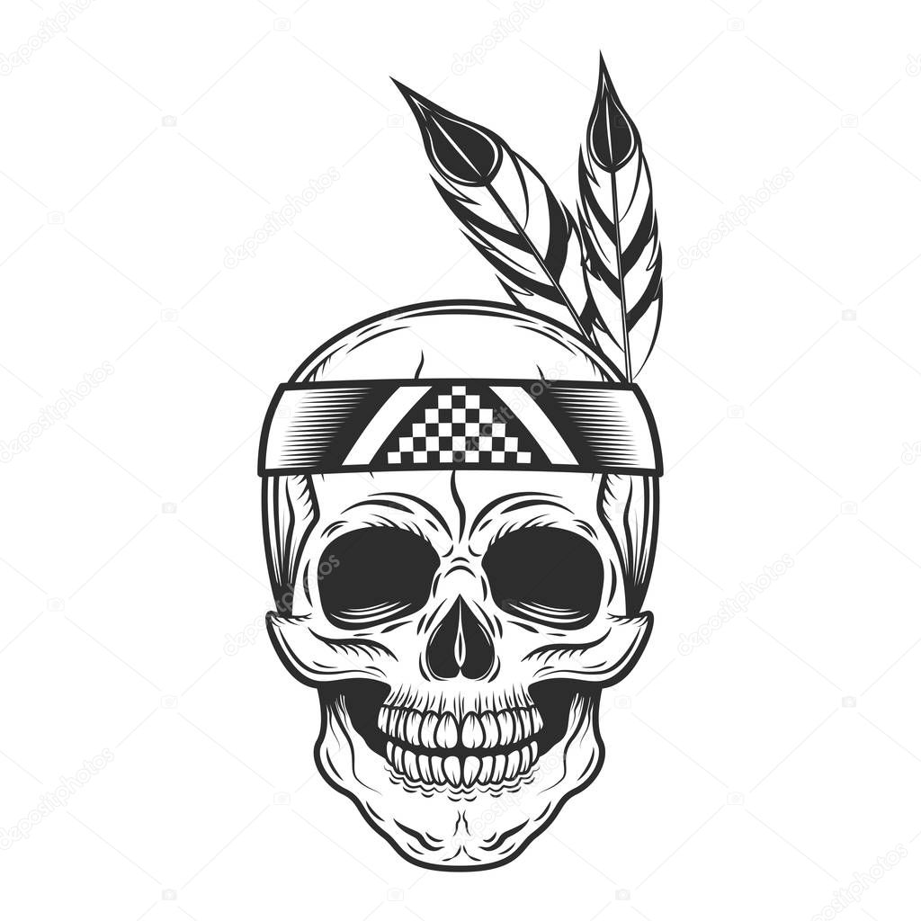 Vintage indian warrior skull with feathers monochrome isolated vector illustration