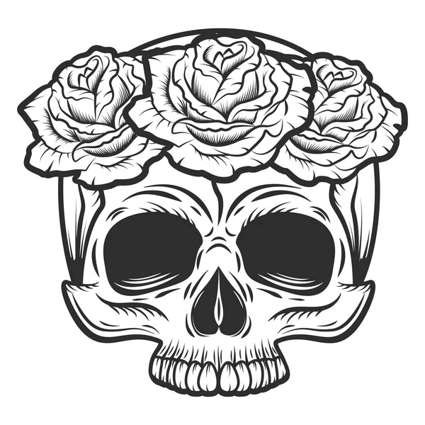 Crâne humain vintage avec concept de tatouage fleurs roses illustration vectorielle isolée — Image vectorielle