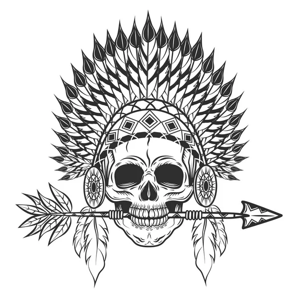 Cráneo indio nativo americano vintage con plumas de la cabeza y flecha monocromo aislado vector ilustración Vectores De Stock Sin Royalties Gratis