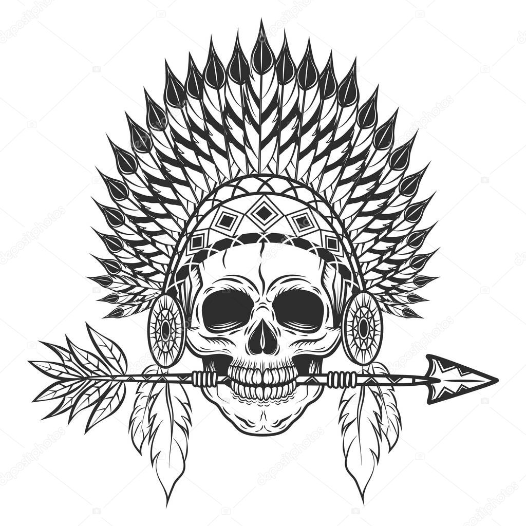 Vintage native american indian skull with feathers headwear and arrow monochrome isolated vector illustration