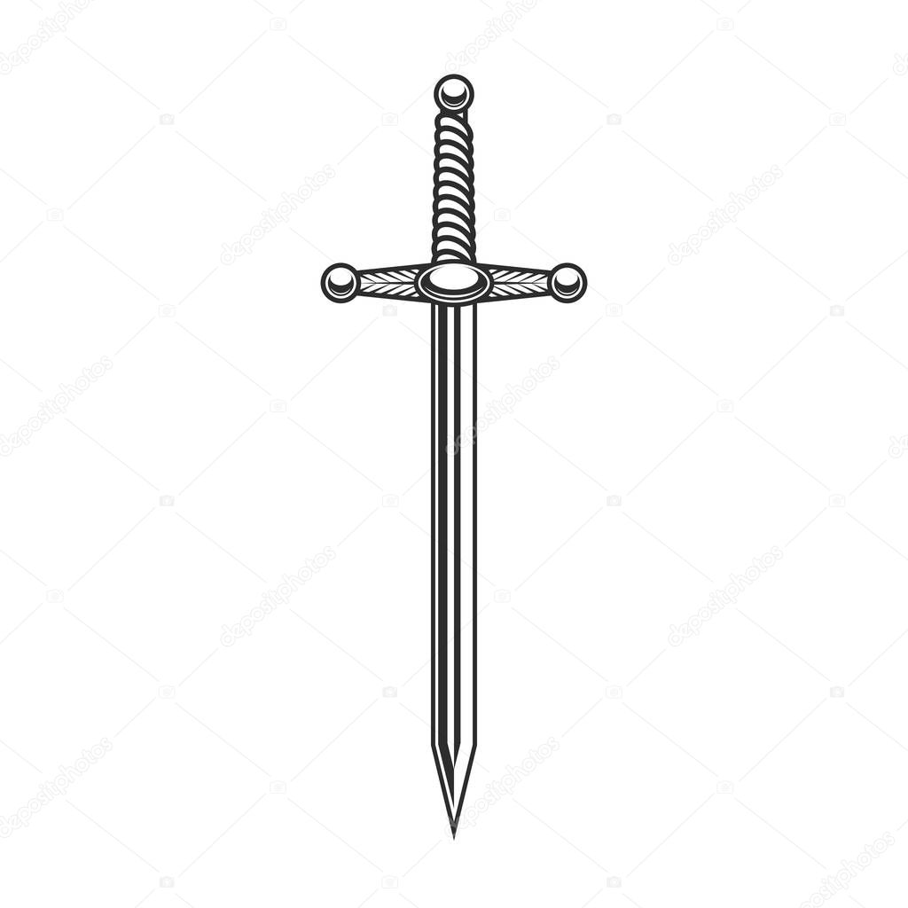 Vintage knight sword in monochrome style isolated vector illustration