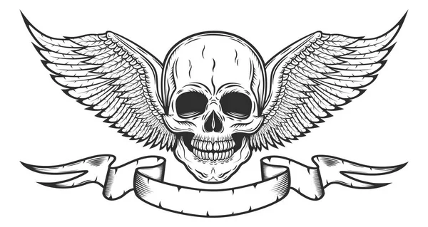 Винтажный монохромный шаблон логотипа с черепом и орлиными крыльями с изолированной векторной иллюстрацией ленты Лицензионные Стоковые Векторы