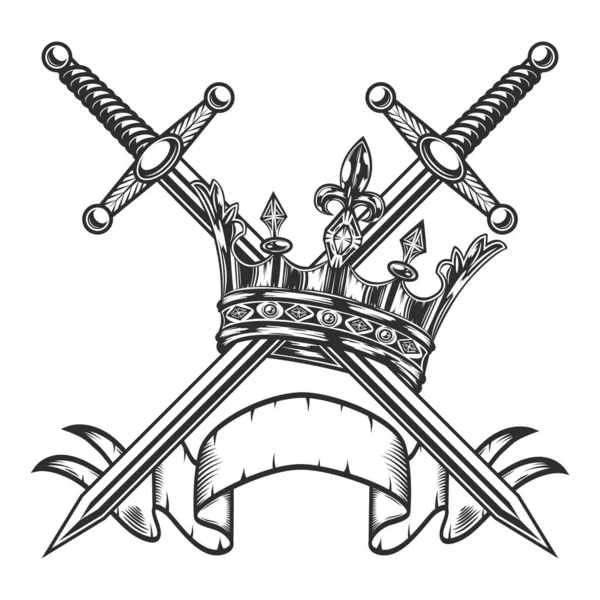 Vintage királyi korona kardokkal és szalag sablon monokróm stílusban izolált vektoros illusztráció Stock Vektor