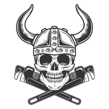 Çapraz anahtarlar, su tesisatı ve gaz borusu izole vektör illüstrasyonuyla inşa edilen Viking miğferinde antika monokrom çalışan kafatası üreticisi.