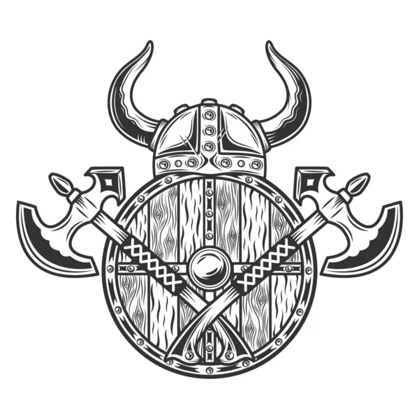 Viking Krijger Helm Met Twee Assen Schild Vintage Monochrome Stijl Vectorbeelden