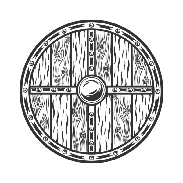 Viking Guerreiro Escudo Madeira Isolado Branco Estilo Monocromático Vector Ilustração — Vetor de Stock