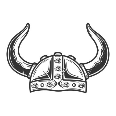 Eski Viking savaşçısı boynuzlu miğfer monokrom stili izole edilmiş vektör çizimi