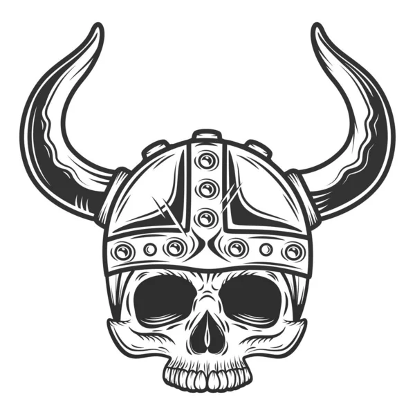 Vintage Viking Crânio Sem Mandíbula Com Capacete Com Chifres Monocromático —  Vetores de Stock