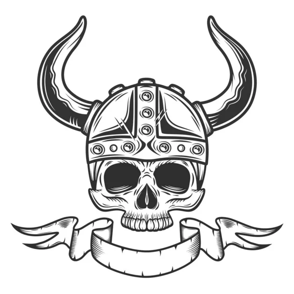 Crânio Viking Vintage Sem Mandíbula Com Capacete Chifrudo Fita Monocromática —  Vetores de Stock