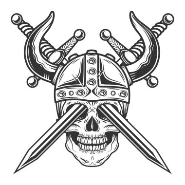 Miğferinde klasik Viking boynuzlu kafatası. Gözlerinde çapraz kılıçlar var. Monokrom tarzında izole edilmiş.