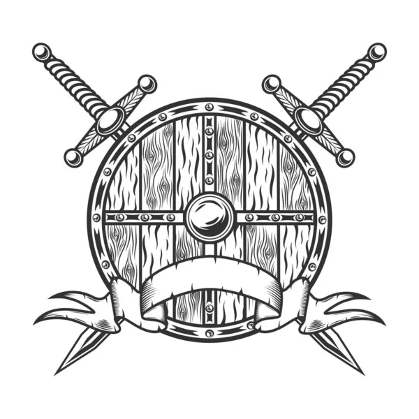 2本のクロス剣とヴィンテージモノクロームスタイルの孤立したベクトルイラストでリボンとバイキングシールド — ストックベクタ