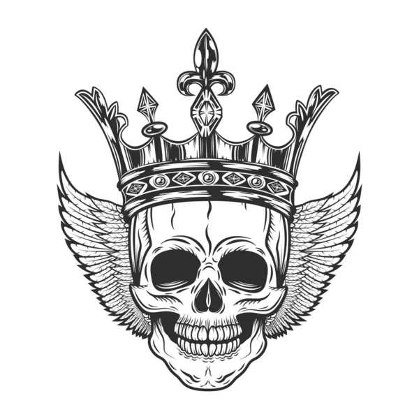 Vintage King Prince Skull Crown Wings Monochrome Isolated Vector Illustration — Stock Vector