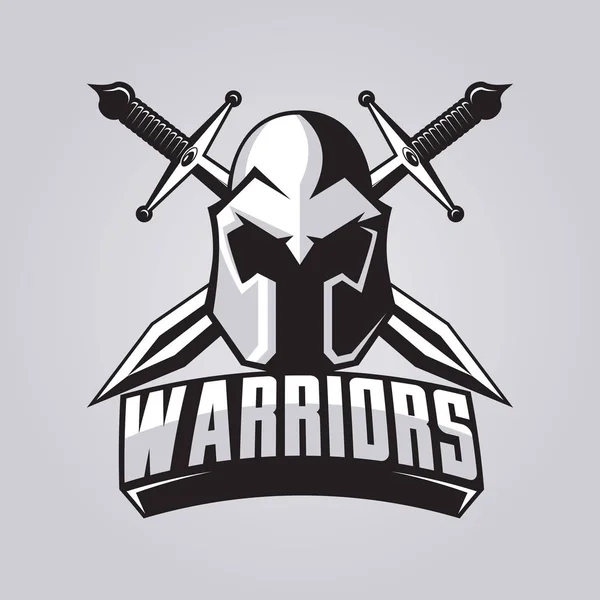 Mascota guerrera para equipos deportivos. Casco con espadas, logo, símbolo sobre un fondo claro . — Vector de stock
