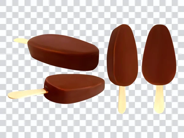 Conjunto de sorvete em esmalte de chocolate em fundo transparente ilustração vetorial realista — Vetor de Stock