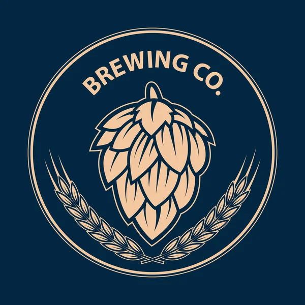 Logo brewery, label, templat lencana dengan hop untuk rumah bir, bar, pub, perusahaan pembuatan bir. Latar belakang gelap. Gaya vintage. Ilustrasi vektor . - Stok Vektor