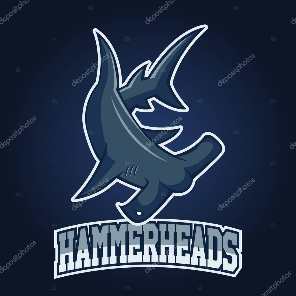 Modern professional logo for sport team. Shark mascot. Hammerheads, vector symbol on a dark background