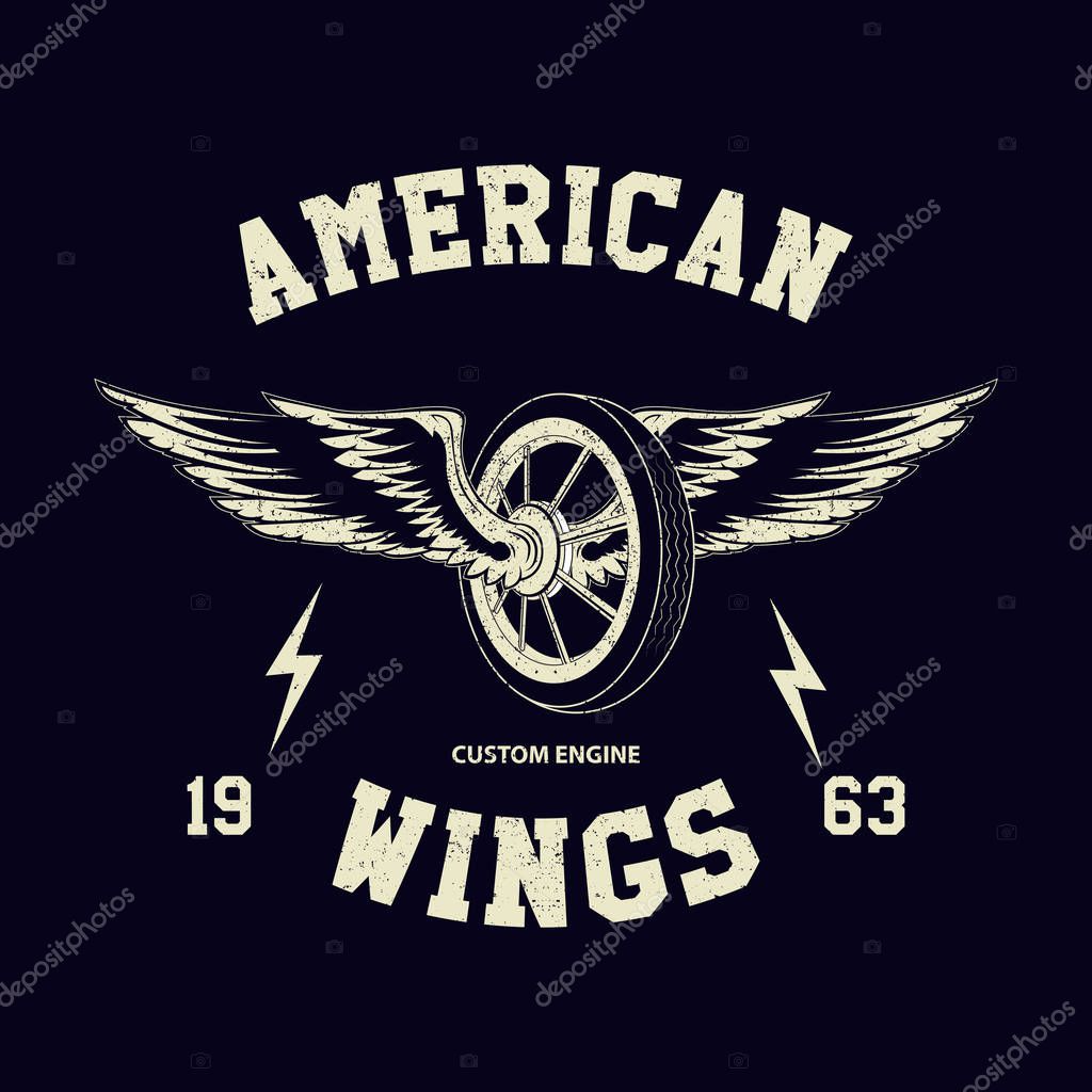Wheel and wings sign for biker. T-shirt print. Vintage custom motorcycle emblem