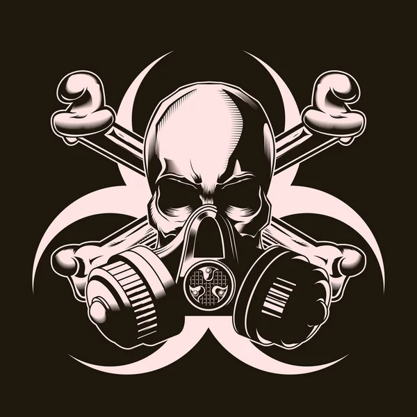 Human skull in gas mask with crossed bones and biohazard sign. Vector illustration. Print vector design. Premium quality superior skull concept. Shabby t-shirt and hoodie emblem — Stock Vector