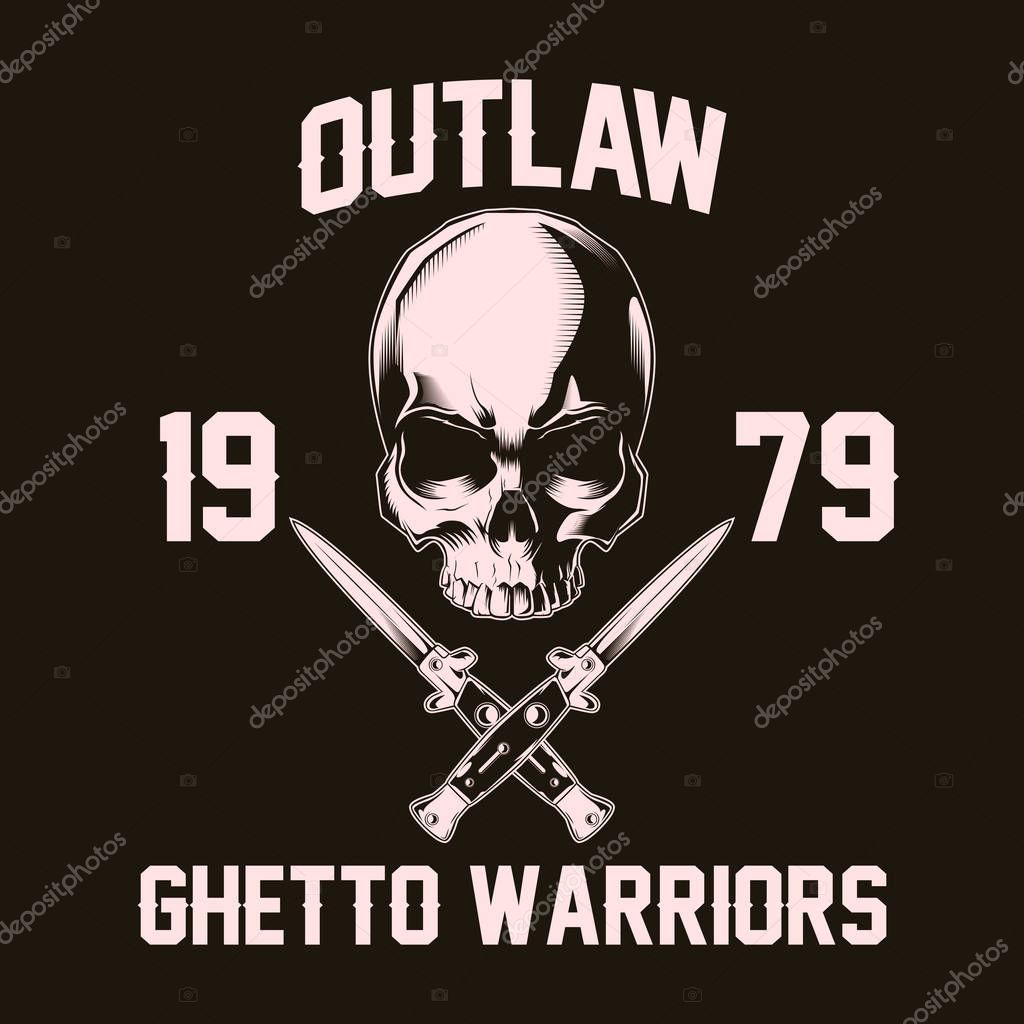 Human skull with crossed knives. Vector illustration. Print vector design. Premium quality superior skull concept. Shabby t-shirt and hoodie emblem