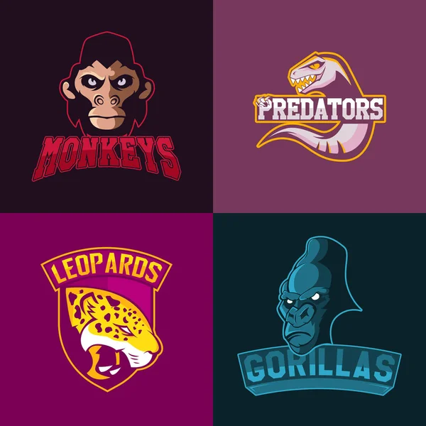 Conjunto de logotipo profesional moderno para el equipo deportivo. Monos depredadores leopardos gorilas mascota Vector símbolo — Vector de stock