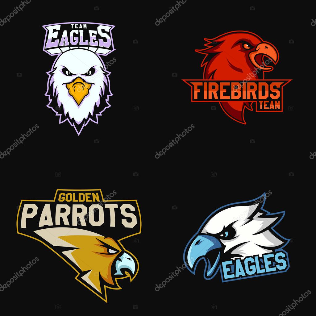 Set of modern professional logo for sport team. Eagles, firebirds, parrots mascot Vector symbol on a dark background.