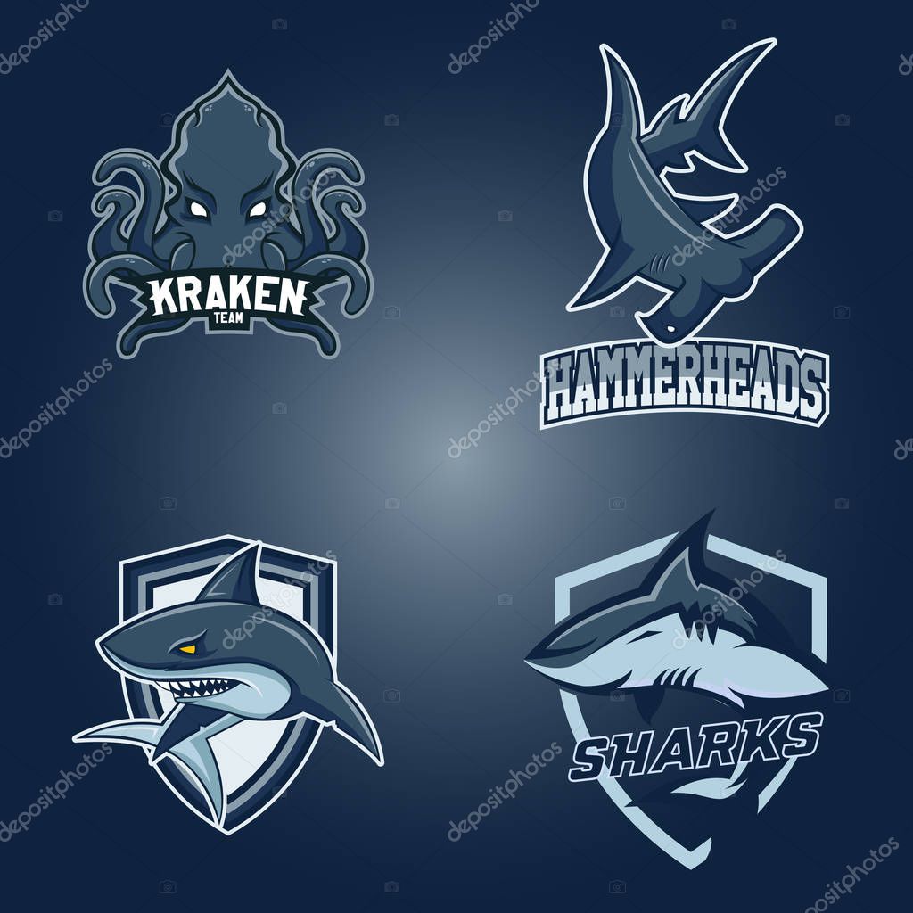 Set of modern professional logo for sport team. Sharks, hammerheads kraken mascot Vector symbol on a dark background.