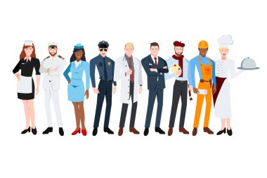 Farklı mesleklerden insanlar. Hizmetçi, Kaptan, hostes, polis, Doktor, işadamı, ressam, builder, chefe.