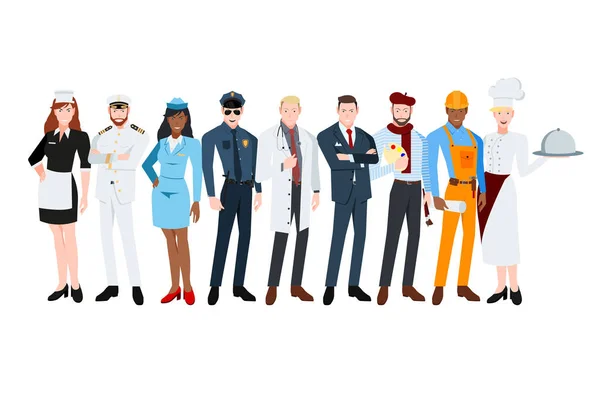 People of different professions. Maid, Captain, Stewardess, Policeman, doctor, businessman, painter, builder, chefe.
