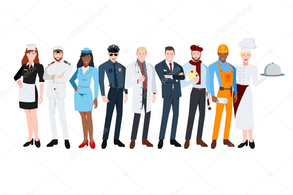 People of different professions. Maid, Captain, Stewardess, Policeman, doctor, businessman, painter, builder, chefe.