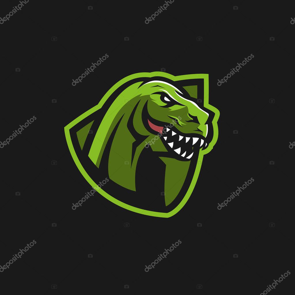 Modern professional logo for sport team. T-rex mascot. Dinosaur vector symbol on a dark background