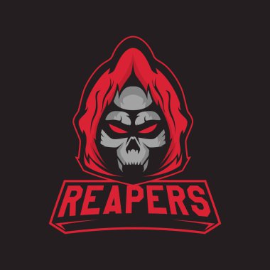 Modern profesyonel logo spor takımı için. Reaper maskotu. İskeletler, karanlık bir arka plan vektör sembolü.