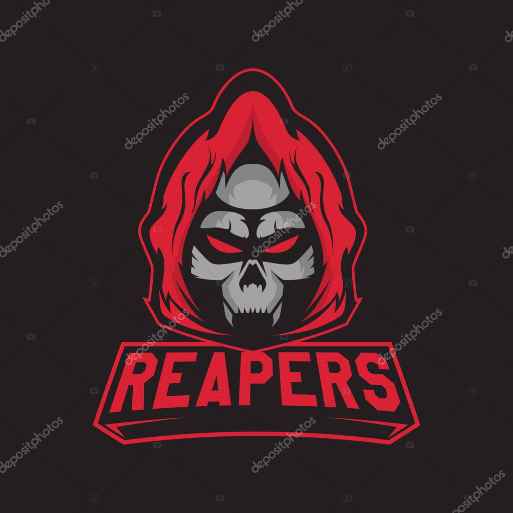 Modern professional logo for sport team. Reaper mascot. Skeletons, vector symbol on a dark background