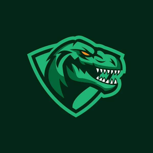 Logotipo profissional moderno para equipe esportiva. Mascote T-rex. Símbolo de vetor de dinossauro em um fundo escuro . —  Vetores de Stock