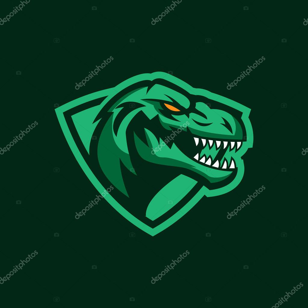 Modern professional logo for sport team. T-rex mascot. Dinosaur vector symbol on a dark background