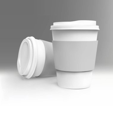 İki vektör gerçekçi boş 3d kağıt kahve fincanları. Kafe veya restoran markası kimlik tasarımı için mockup şablonu. Sıcak içecekler için tek kullanımlık plastik ve kağıt sofra takımı vektör şablonu.