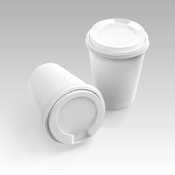 Δύο Διανυσματικά ρεαλιστικά κενά 3D χάρτινες κούπες καφέ. Πρότυπο Ματού για το σχέδιο ταυτότητας μάρκας καφέ ή εστιατορίου. Πλαστικό και χάρτινο διανυσματικό πρότυπο μίας χρήσης για ζεστά ροφήματα. — Διανυσματικό Αρχείο
