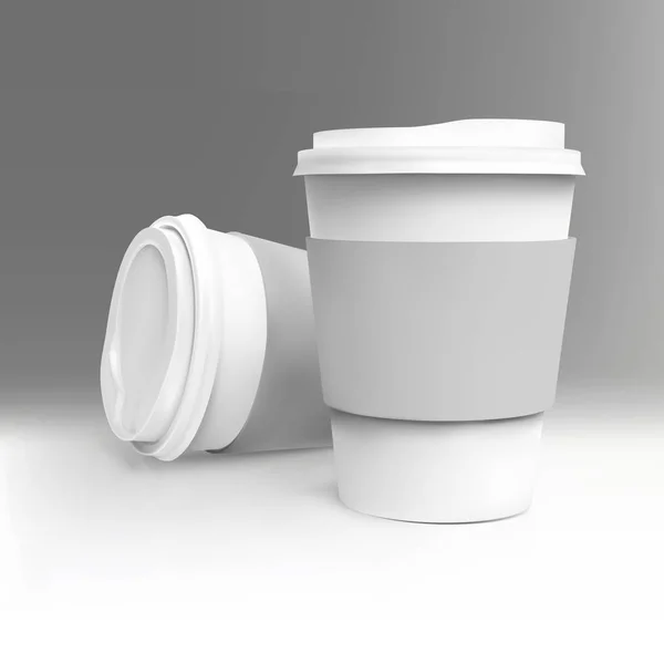 İki vektör gerçekçi boş 3d kağıt kahve fincanları. Kafe veya restoran markası kimlik tasarımı için mockup şablonu. Sıcak içecekler için tek kullanımlık plastik ve kağıt sofra takımı vektör şablonu. — Stok Vektör