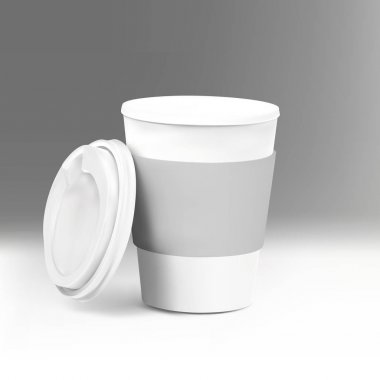 Vektör gerçekçi boş 3d kağıt kahve fincanı. Kafe veya restoran markası kimlik tasarımı için mockup şablonu. Sıcak içecekler için tek kullanımlık plastik ve kağıt sofra takımı vektör şablonu.