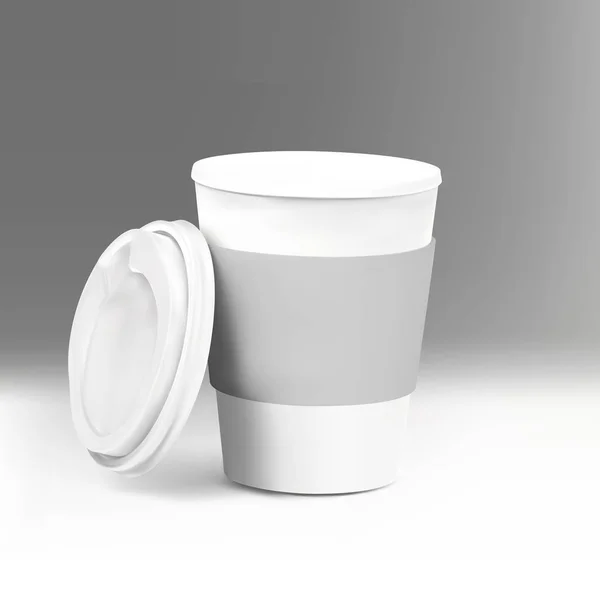 Vector realistic blank 3d paper coffee cup. Mockup template for cafe or restaurant brand identity design. Disposable plastic and paper tableware vector template for hot drinks. — Stock Vector