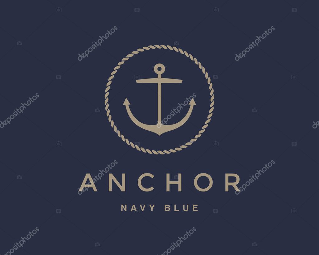 Anchor emblem with circular rope frame . Yacht style design. Nautical sign, symbol. Universal icon. Simple logotype template. Vector illustration.