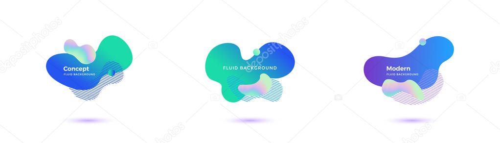Set of trendy abstract design templates with fluid and liquid shapes. Holographic gradient elements. Applicable for banners, covers, logos, social posts, presentations. Vector illustration. Eps10