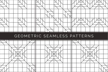 Soyut geometrik Dikişsiz desen seti. Siyah ve beyaz arka plan tasarımı. Şablon baskı, duvar kağıdı, ambalaj kağıdı, kumaşlar, kapakları, el ilanı, afiş ve posterler. Vektör çizim.