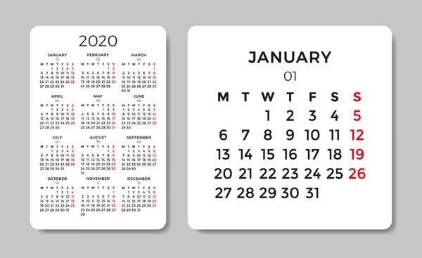 Calendario 2020. plantilla de diseño vectorial . — Vector de stock