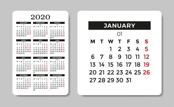 Календар 2020 року. Шаблон векторного дизайну . — стоковий вектор