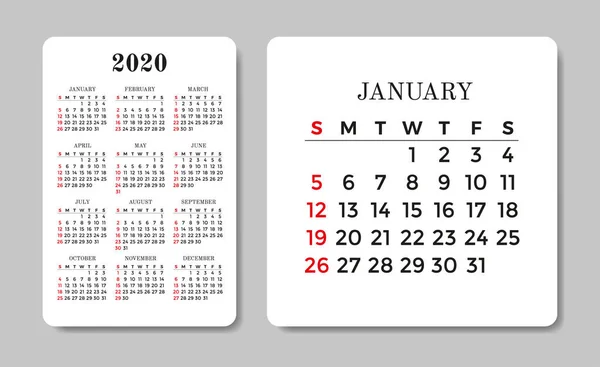 Calendario 2020. plantilla de diseño vectorial . — Vector de stock