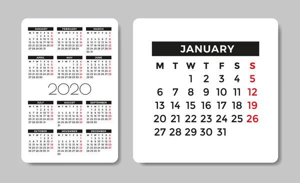 Calendario 2020. plantilla de diseño vectorial . — Vector de stock