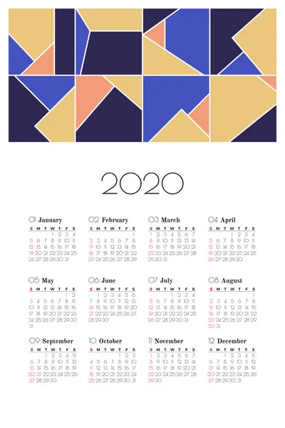 Настенный календарь 2020 шаблон с ярким геометрическим узором . — стоковый вектор